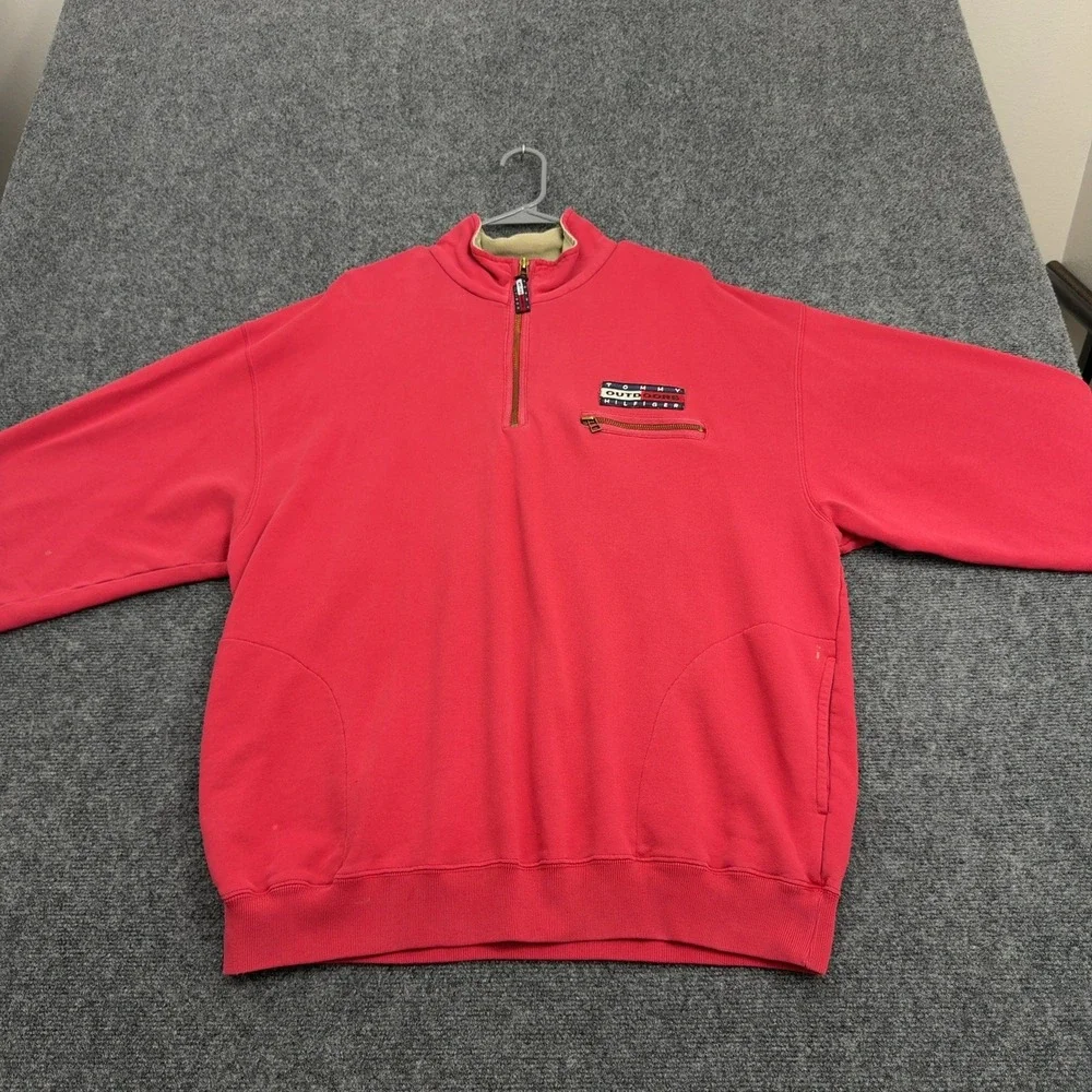 Vintage Tommy Hilfiger Sweatshirt Men L Red Cotton Quarter Zip Outdoors Gorpcore